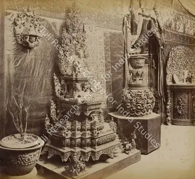 Shew Shankar Narayan (Photographer), Buddha's Shrine and Flower pots modelled in clay - Burmese Court, 1883, Antiquarian Photograph