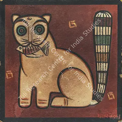 Jamini Roy (Artist), Cat with Fish, 1951, Painting