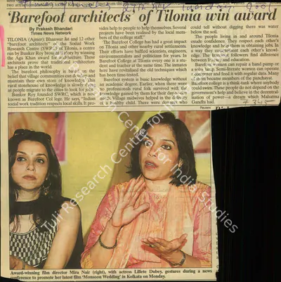 Prakash Bhandari (Reporter), Barefoot Architects of Tilonia win Award, 2001, Newspaper Clipping