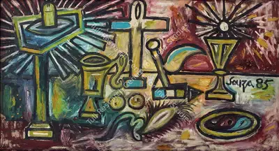 F.N. Souza (Artist), Still Life With Symbols Of Life, 1985, Painting