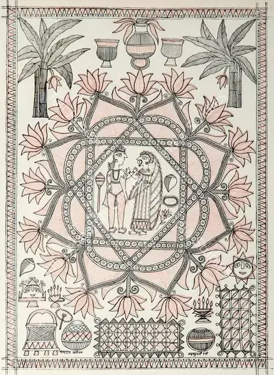 Mahasundari Devi (Artist), Folk Drawing by Kayastha woman, Mithila, Graphic Art