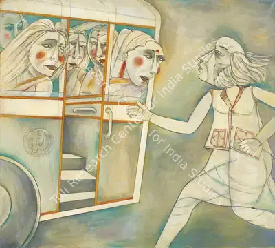Sen, Paritosh (Artist). Man Trying to Hop into a "Ladies' Special", 1991 | Painting, Pu.Onl/12.03.26, 2026 · Pundole