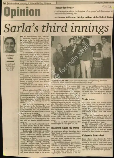 Shaheen Parkar (Reporter), Sarla's Third Innings, 2006, Newspaper Clipping
