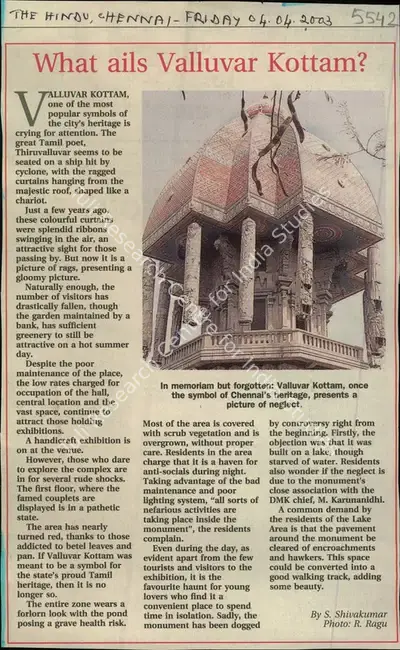 S. Shivakumar (Reporter), What Ails Valluvar Kottam, 2003, Newspaper Clipping