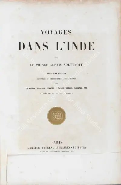 Prince Alexis Soltykoff (Author), Voyage Dans L'Inde, 1850, Authored Antiquarian Book