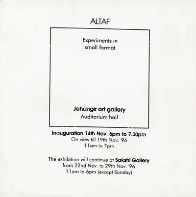 Altaf Mohammedi (Artist), Experiments in Small Format, 1996, Solo Exhibition Invitation