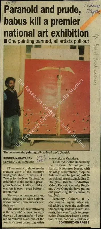 Renuka Narayanan (Reporter), Paranoid and Prude, Babus Kill a Premier National Art Exhibition, 2000, Newspaper Clipping