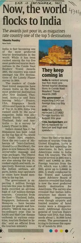 Vineeta Pandey (Reporter), Now, the world flocks to India, 2005, Newspaper Clipping