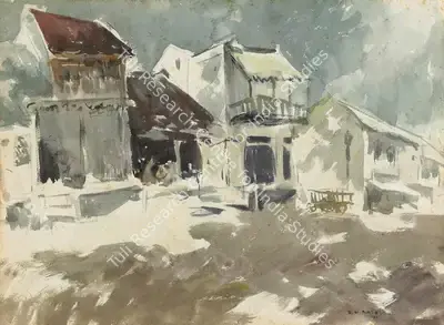 S.H. Raza (Artist), Untitled (Street Scene), 1947, Painting