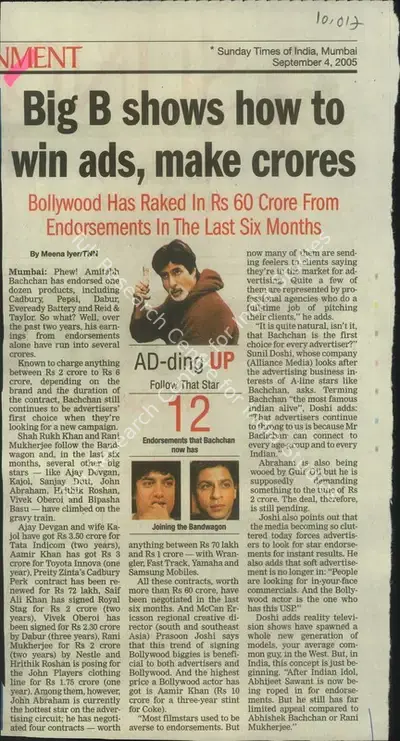 Meena Iyer (Reporter), Big B Shows how to win ads, make Crores, 2005, Newspaper Clipping