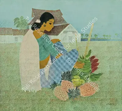 Bendre, N.S. (Artist). Woman Selling Fruits. Oil on canvas, 1986 | Painting | FineArts | 00594834