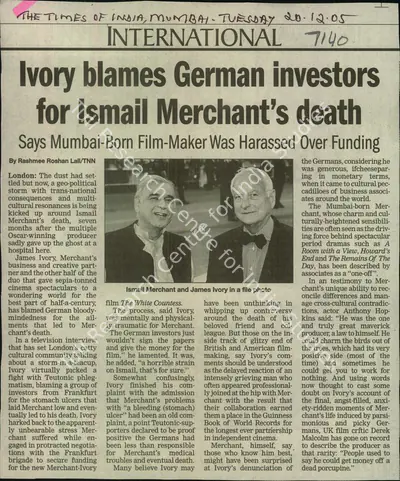 Rashmee Roshan Lall (Reporter), Lvory Blames German Investors for Ismail Merchant's Death, 2005, Newspaper Clipping