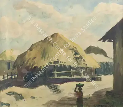 S.H. Raza (Artist), Huts in a village, 1944, Painting