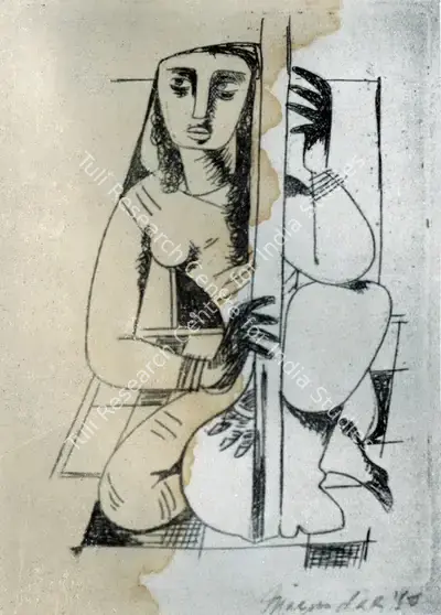 Nirode C. Mazumdar (Artist), Woman with Sitar, Painting