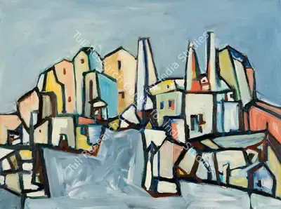 S.K. Bakre (Artist), Untitled (Townscape), 1962, Painting