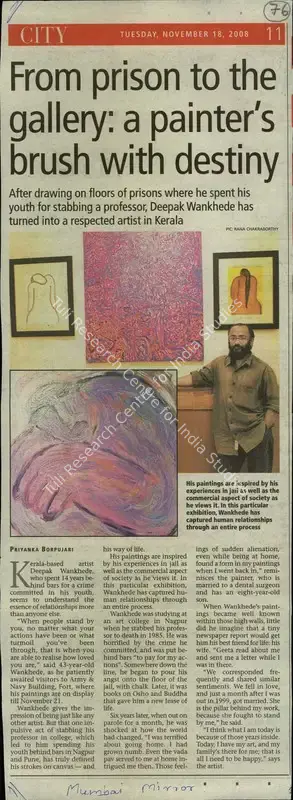 Priyanka Borpujari (Reporter), From Prison to the Gallery: A Painter's Brush with Destiny, 2008, Newspaper Clipping