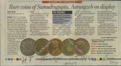 Aditya Ghosh (Reporter), Rare Coins of Samudragupta, Aurangzeb On Display, 2009, Newspaper Clipping