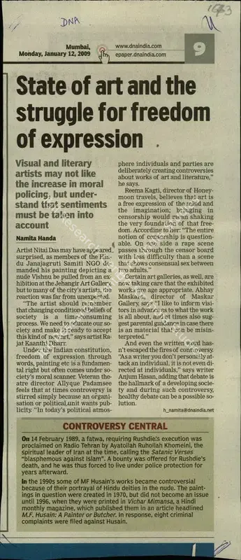 Namita Handa (Reporter), State of art and the freedom of struggle for freedom of expression, 2009, Newspaper Clipping