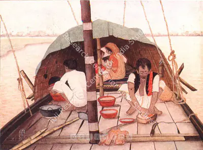 Ajit Gupta (Artist), A Houseboat Family, 1948, Painting