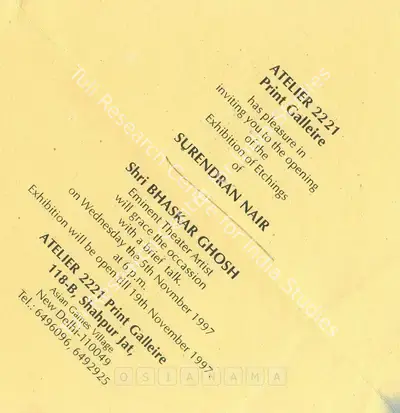 Surendran Nair (Artist), Surendran Nair, 1997, Solo Exhibition Invitation