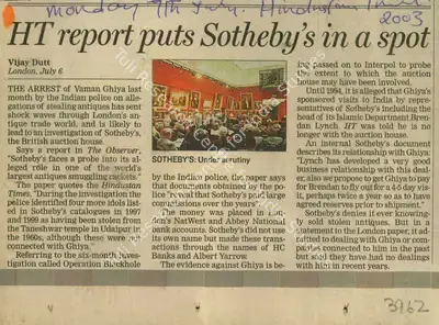 Vijay Dutt (Reporter), HT Report Puts Sotheby's in a Spot, 2003, Newspaper Clipping