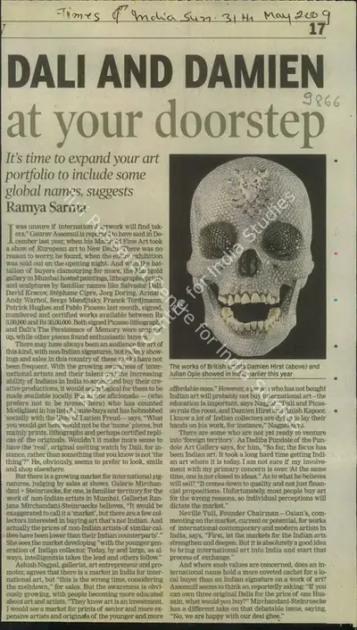 Ramya Sarma (Reporter), Dali and Damien At Your Doorstep, 2009, Newspaper Clipping