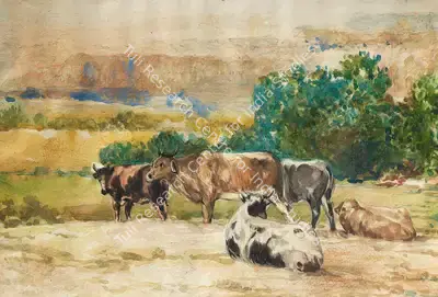 Ustad Allah Bukhsh (Artist), Cows in Landscape, Painting