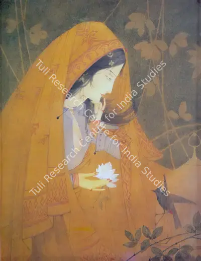 Chughtai, M.A.R. (Artist). A Woman holding a Lotus with a song Bird, c.1920 | Painting, So.Lon/08.10.96, 1920