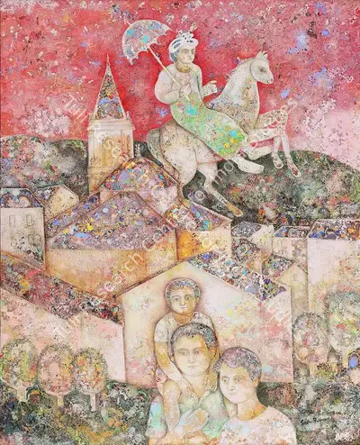 Sakti Burman (Artist), A Spanish Village, 2002, Painting