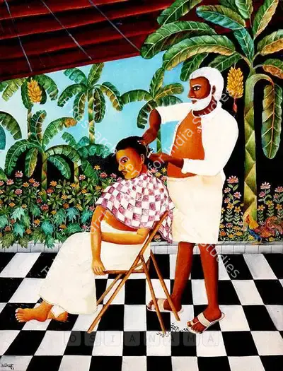 Nayanaa Kanodia (Artist), At The Barber's Kerala, 1993, Painting