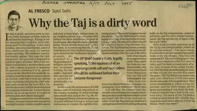 Sunil Sethi (Writer), Why the Taj is a Dirty Word, 2005, Newspaper Clipping