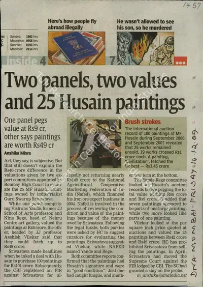 Anshika Mishra (Reporter), Two Panels, Two Values and 25 Husain Paintings, 2007, Newspaper Clipping