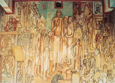 Mukherjee, Benode Behari (Muralist). Hindi Bhawan Mural. Pigment on Wet Plaster, 1947 | Flamed-Mosaic, 1997 | Mural | FineArts | 00566385