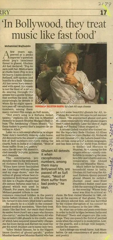 Mohammed Wajihuddin (Writer), In Bollywood, They Treat Music Like Fast Good, 2006, Newspaper Clipping