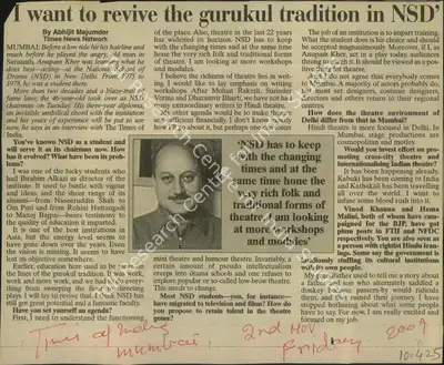 Abhijit Majumder (Reporter), I Want to Revive the Gurukul Tradition in NSD, 2007, Newspaper Clipping