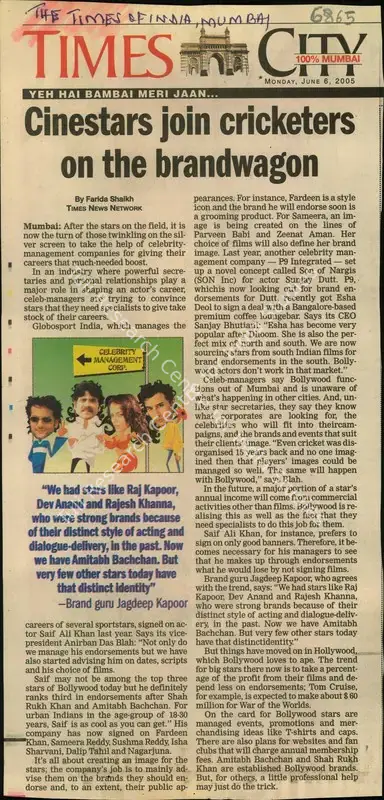 Farida Shaikh (Reporter), Cinestars join Cricketers on the Brandwagon, 2005, Newspaper Clipping