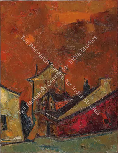S.H. Raza (Artist), Village au ciel orange, 1956, Painting