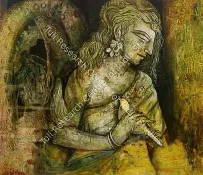Sarbani Ganguly (Artist), Woman holding a bird, Painting