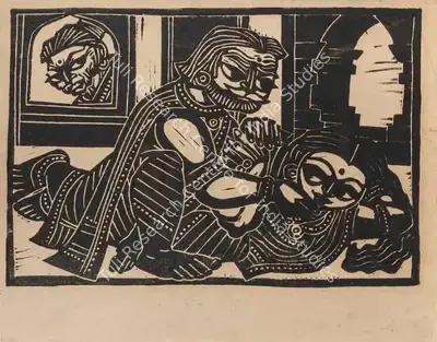 Chittaprosad (Artist), Ramayan Series: Dasharatha and Kaikeyi with Manthara watching, 1968, Painting