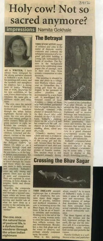 Namita Gokhale (Writer), Holy Cow ! Not So Sacred Anymore, 2010, Newspaper Clipping