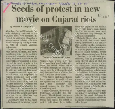 Bharati K. Dubey (Reporter), Seeds of Protest in new movie on Gujarat riots, 2005, Newspaper Clipping