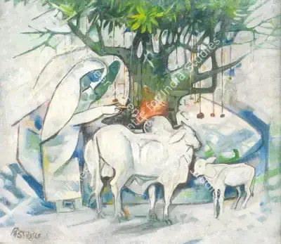 Bijon Choudhury (Artist), Offering prayer, 1963, Painting