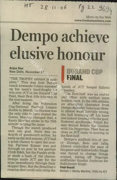Arjun Sen (Writer), Dempo Achieve Elusive Honour, 2006, Newspaper Clipping