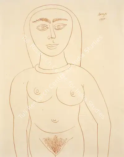 F.N. Souza (Artist), Untitled (Standing Nude), 1950, Drawing