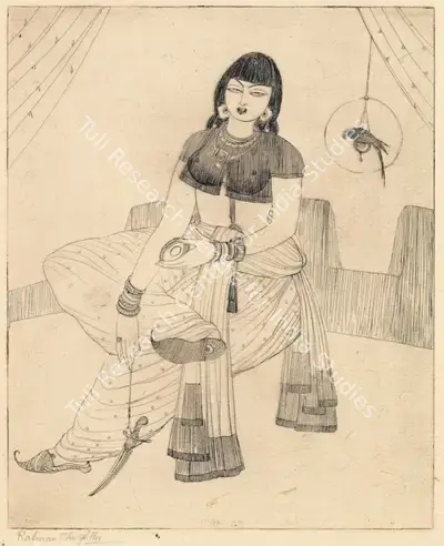 M.A.R. Chughtai (Artist), Untitled (Woman with a Parrot and a Dagger), Graphic Art