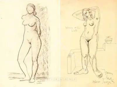 F.N. Souza (Artist), Untitled (Standing Female Nude); Untitled (Incomplete Study Of Standing Female) (verso), 1950, Drawing