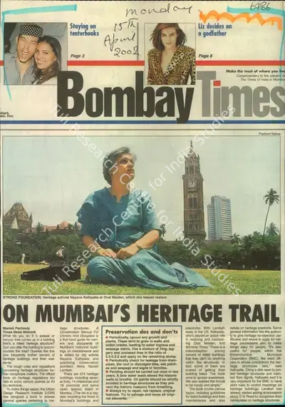 Manish Pachouly (Reporter), On Mumbai's Heritage Trail, 2002, Newspaper Clipping