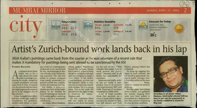 Vishwas Kulkarni (Reporter), Artist's Zurich-bound Work Lands back in his Lap, 2008, Newspaper Clipping