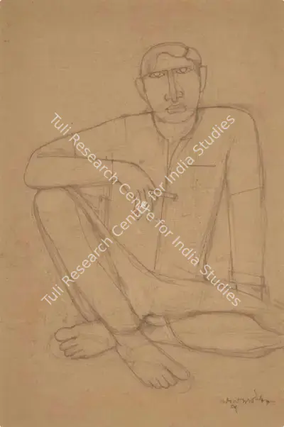 Lalu Prasad Shaw (Artist), Man smoking, 1988, Drawing