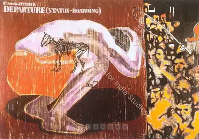 Kallat, Jitish (Artist). Departure (Status - Boarding). Mixed media on canvas, 2000 | Painting | FineArts | 00597740
